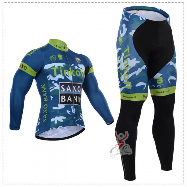 2015 Tinkoff Saxo Bank Camouflage Blau Fahrradbekleidung Radtrikot Satz Langarm und Lange Fahrradhose Grün HSAW161