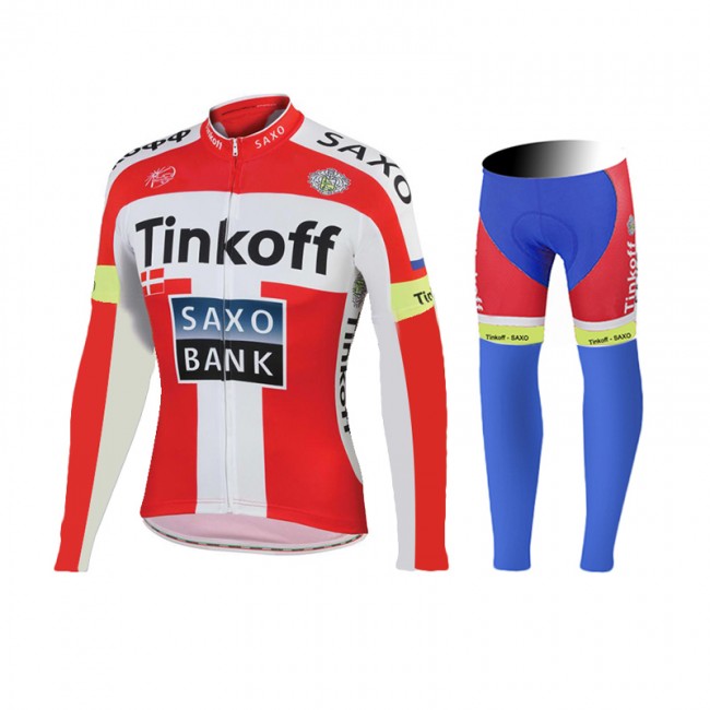 2015 Tinkoff Saxo Bank Rouge Fahrradbekleidung Radtrikot Satz Langarm und Lange Fahrradhose LANO602