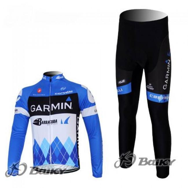 Garmin Barracuda Pro Team Radbekleidung Satz Fahrradtrikot Langarm und Lang Radhose Blau Weiß GCIU449