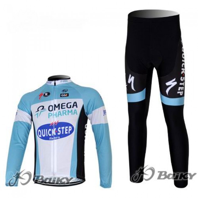 Omega Pharma Quick Step Pro Team Radbekleidung Satz Fahrradtrikot Langarm und Lang Radhose Blau Weiß JVOS611