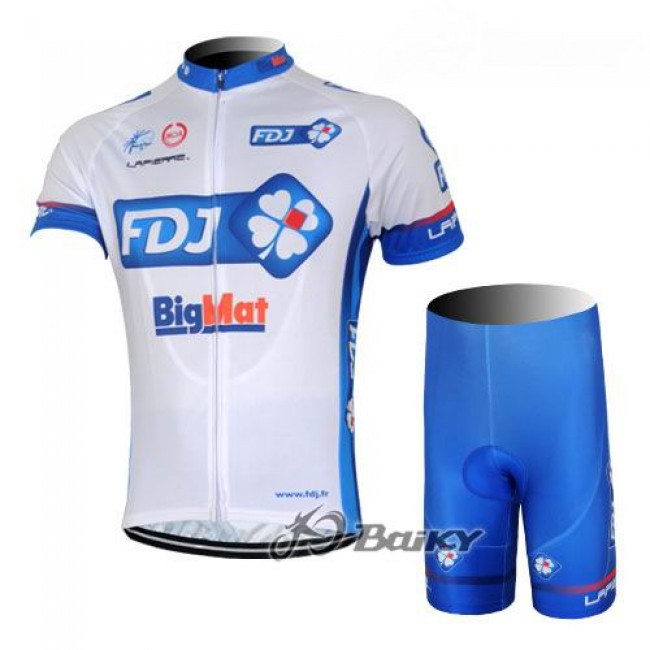 FDJ-BigMatRadbekleidung Radtrikot Kurzarm und Fahrradhosen Kurz Weiß Blau JIJW304