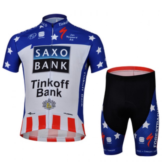 2013 Saxo Bank Tinkoff USA Champion Radtrikot Kurzarm und Kurz Radhose Kits Blau Weiß Rot NTKL243