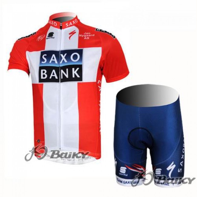 2012 Saxo Bank Dnischer Champion Radbekleidung Radtrikot Kurzarm und Fahrradhosen Kurz Rot Weiß TCIE265