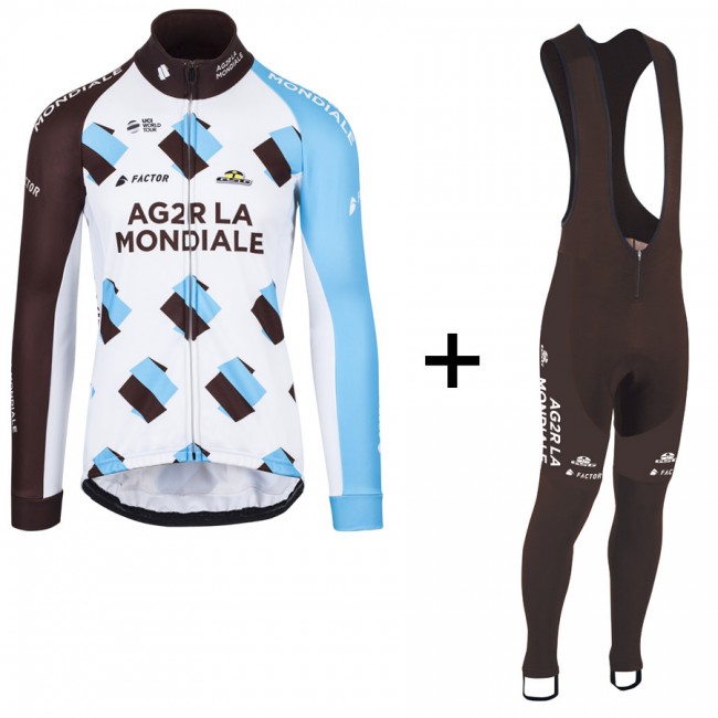 2017 AG2R La Mondiale Weiß Fahrradbekleidung Satz Radtrikot Langarm+Lang Trägerhose 360ZFPQ